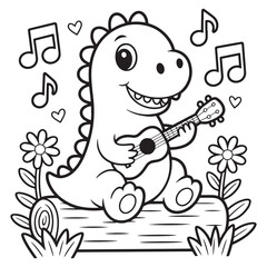 Dinosaur Playing Guitar with Music Notes Coloring Page