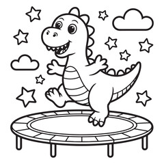 Dinosaur Jumping on Trampoline with Stars Coloring Page