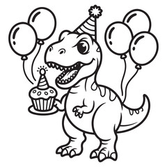 Birthday Dinosaur with Balloons and Cupcake Coloring Page
