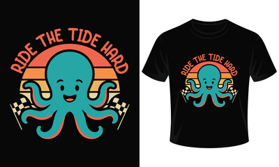 retro ocean octopus t shirt design, vintage beach sea creature graphic tee