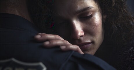 Comfort in Uniform: A woman finds solace in the embrace of an officer, finding peace and reassurance in a time of hardship and vulnerability.