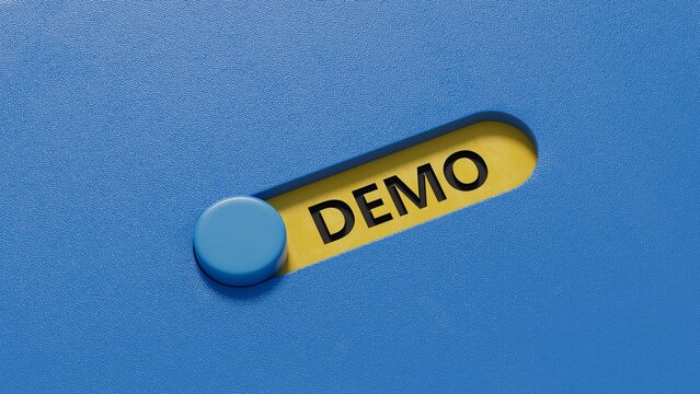 Demo. slide switch form the word Demo. An extensive concept of the word demo applied in different fields of activity.3D rendering on blue background.