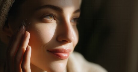 Fototapeta premium Sunlit portrait of a young woman with a soft smile, applying cream to her face, showcasing skincare and self-care in a warm, natural setting.