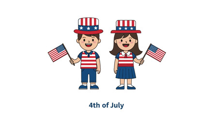 Illustration of boy and girl celebrating fourth of july with american flags and patriotic hats
