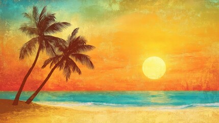 Tropical sunset beach scene, vintage style