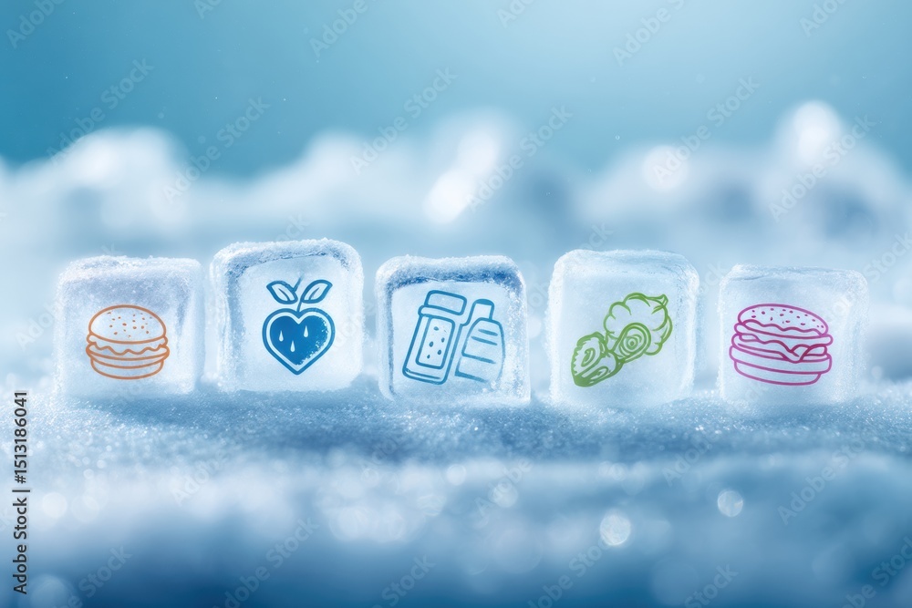 Poster frozen food icons arranged neatly over a clean icy gradient background enhancing visuals of frozen i
