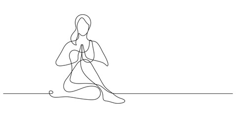 woman in serene yoga pose meditate one line drawing. yoga meditation healthy and wellbeing serene pose continuous contour handdrawn