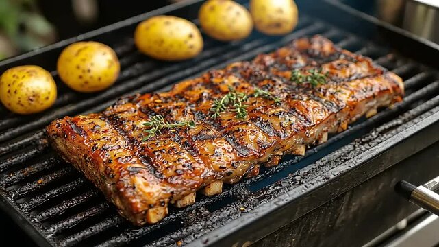 Delicious grilled ribs with golden potatoes on a charcoal grill, perfect for barbecue time