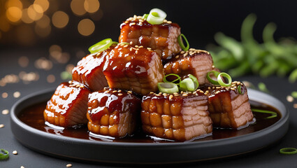 Glazed sticky pork with caramelized edges on black plate. Scallions and sesame garnish. Golden bokeh backdrop. Perfect for restaurant menus.