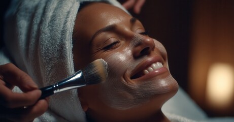 Serene spa day: A woman relaxes with a facial mask being applied with a soft brush, eyes closed and a peaceful smile on her face.