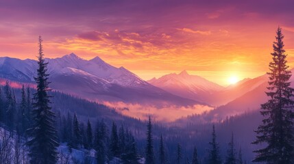 Majestic mountains glow with vibrant sunrise hues over forested valleys
