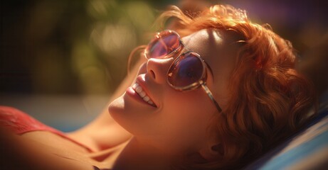 Sun-kissed bliss: A woman's radiant smile shines as she basks in the warmth, framed by her sunglasses and vibrant red hair.