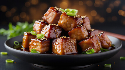 Caramelized pork pieces with scallions and sesame. Warm bokeh lights create luxury vibe. Ideal for Asian fusion ads