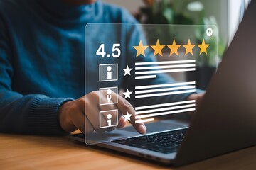 Customer using laptop reviewing rating with a digital overlay displaying feedback stars