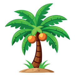 Cartoon Palm Tree with Coconuts, Green Leaves and Brown Trunk on Small Sandy Island