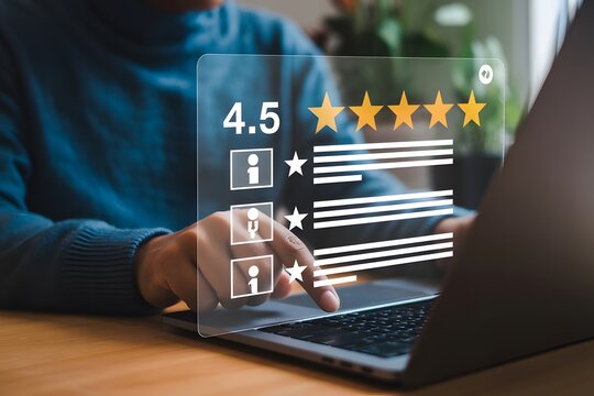 Customer using laptop reviewing rating with a digital overlay displaying feedback stars