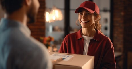 Smiling delivery worker handing over package to customer. Friendly and fast service bringing products to homes and businesses efficiently.
