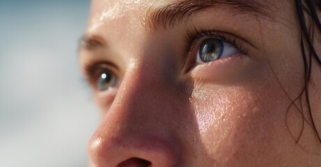 Close-up of a person's face with striking blue eyes, glistening with moisture, creating a fresh and vibrant look. Focus on natural beauty.