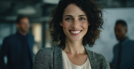 Confident businesswoman with colleagues. Success in the workplace. Portrait of smiling woman in an office with coworkers in the background.