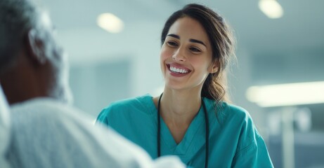 Compassionate caregiver provides comfort and support to a patient in a calming medical setting. Empathy and caring are clearly displayed.
