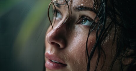 Close-up of a woman's face, skin glistens with moisture and wet hair framing. She gazes upwards, creating a serene, natural portrait.