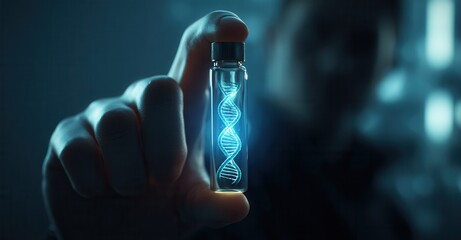 Person holds vial containing illuminated helix, embodying genetics, research, and the promise of scientific advancement.