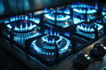 burning gas stove hob blue flames close up in the dark on a black background
