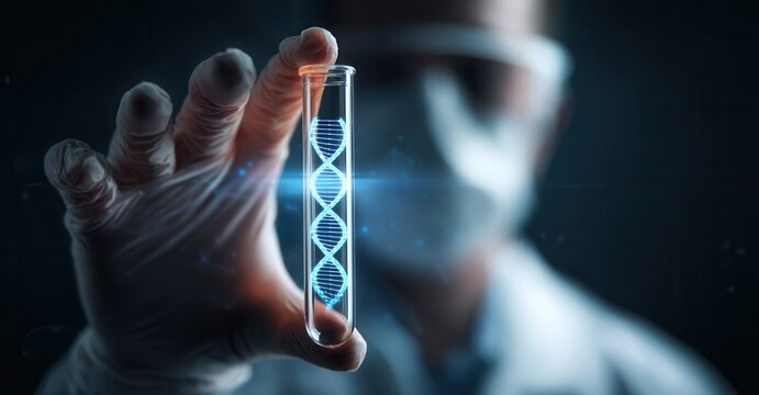 Genetic research: Scientist holds a test tube with a double helix DNA structure, illustrating advancements in biotechnology.