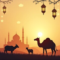 Silhouettes of Eid al-Adha Sacrificial Animals at Sunrise with Lanterns and a Mosque in the Background