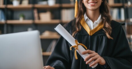 Celebrating Success: Graduate holding diploma, ready for the future, dressed in cap and gown, achieving academic milestones, and smiling.