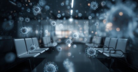 Viruses fill an airport waiting area, highlighting germ spread and health concerns in public spaces like terminals and lobbies.