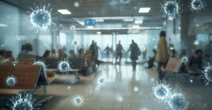 Crowded waiting area with visible virus particles highlights infection risks in public spaces. Public health and awareness are essential.