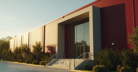 Exterior shot of a modern building with architectural details, showcasing its facade, entrance, and surrounding landscape in the morning light.