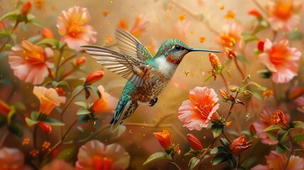 Obraz premium A vibrant scene of a hummingbird hovering over bright, delicate flowers, capturing the rapid motion and vivid colors with hyper-realistic clarity