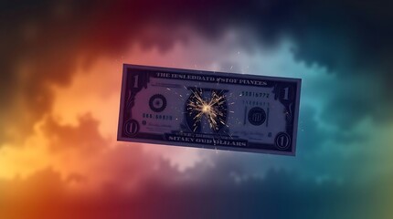One dollar bill, sparkler burst, colorful abstract background