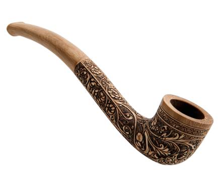 Ornate wooden smoking pipe, detailed carvings (1)