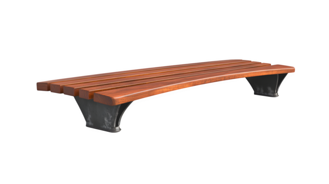 A realistic rendering of one section of a public bench with three wooden slats and cast iron supports, isolated on Transparent background.