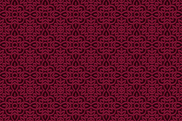 Ethnic burgundy background, cover design, banner, handmade wallpaper, boho. Geometric exotic 3D pattern. Relief ornaments, arabesques, mandala of the East, Asia, India, Mexico, Aztec, Peru.