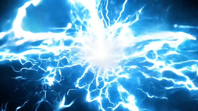 Bright electric explosion with blue lightning effect on dark background used in energy power or science visuals for digital content or motion graphics