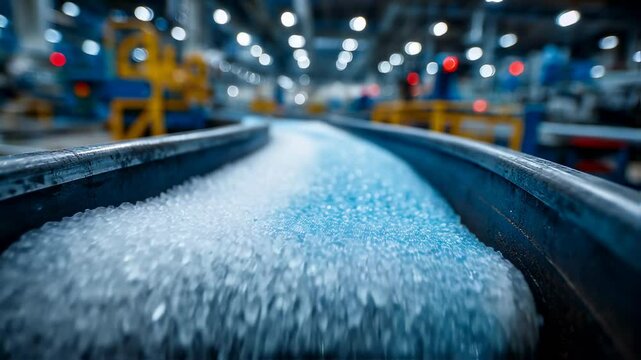 Dynamic conveyor system transporting translucent polymer pellets across industrial production line, focusing on movement and material processing