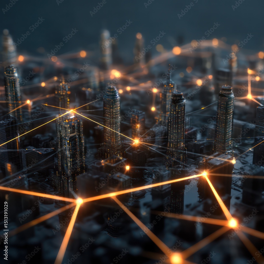 Poster glowing ai nodes link a futuristic city's infrastructure in a high-tech display, showcasing connecti