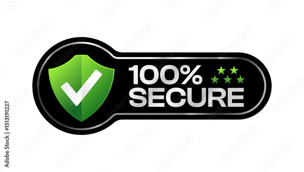 Poster 100 percent secure label vector with green shield. protection data secure symbol design. for icon, l