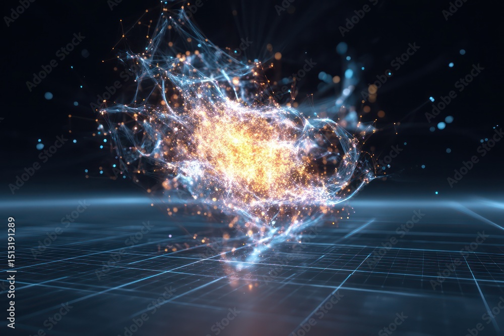 Poster data science represented through glowing connections and particles on a grid, using advanced tech.