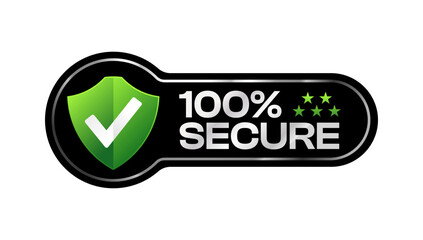 100 percent secure label vector with green Shield. Protection data secure symbol design. For icon, logo, label, seal, tag, sign, badge, stamp, sticker, emblem, banner