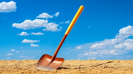 Rusty Shovel in Sandy Terrain Under a Bright Blue Sky