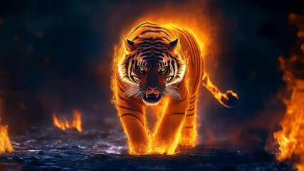 An intense fiery tiger strides forward radiating raw power and glowing ferocity with glowing fur and fiery essence around the body