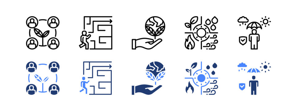 Mitigation plan icon set with Community, Evacuation Plan, Ecology, Natural Resources, Protection.