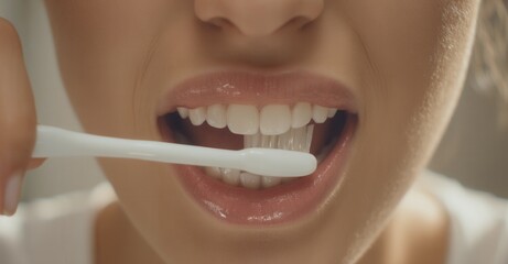 Fototapeta premium Close-up of a woman brushing her teeth with a white toothbrush. Focus on oral hygiene for a healthy smile and fresh breath.