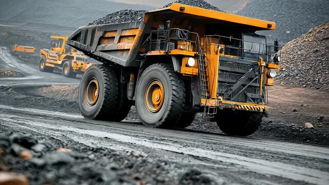 Large mining truck transporting coal on a rugged terrain with machinery and mountains in the background