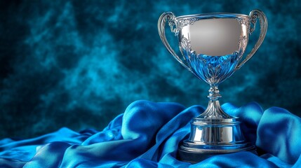 Exquisite Silver Trophy Standing Proudly Against a Dreamy Azure Background, Symbolizing Victory and Achievement with Elegance